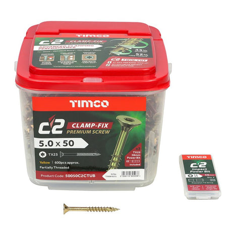 600 x TIMCO C2 Clamp-Fix Multi-Purpose Premium Countersunk Gold Woodscrews - 5.0 x 50