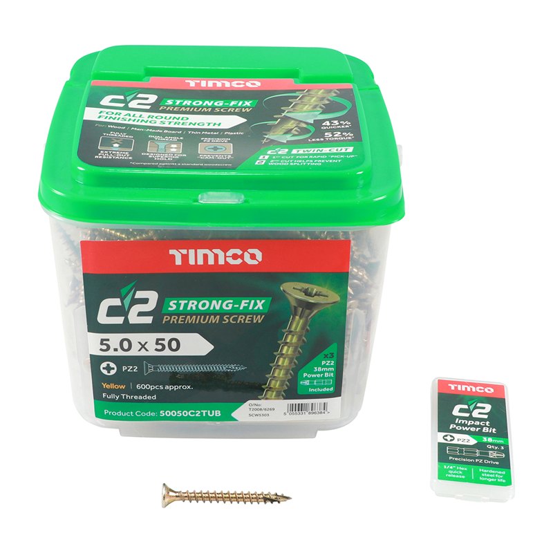 600 x TIMCO C2 Strong-Fix Multi-Purpose Premium Countersunk Gold Woodscrews - 5.0 x 50