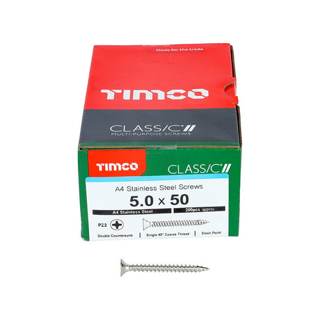 200 x TIMCO Classic Multi-Purpose Countersunk A4 Stainless Steel Woodcrews - 5.0 x 50