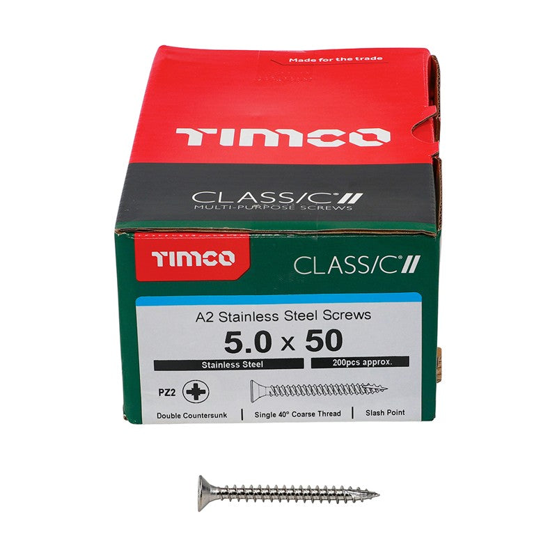 200 x TIMCO Classic Multi-Purpose Countersunk A2 Stainless Steel Woodcrews - 5.0 x 50