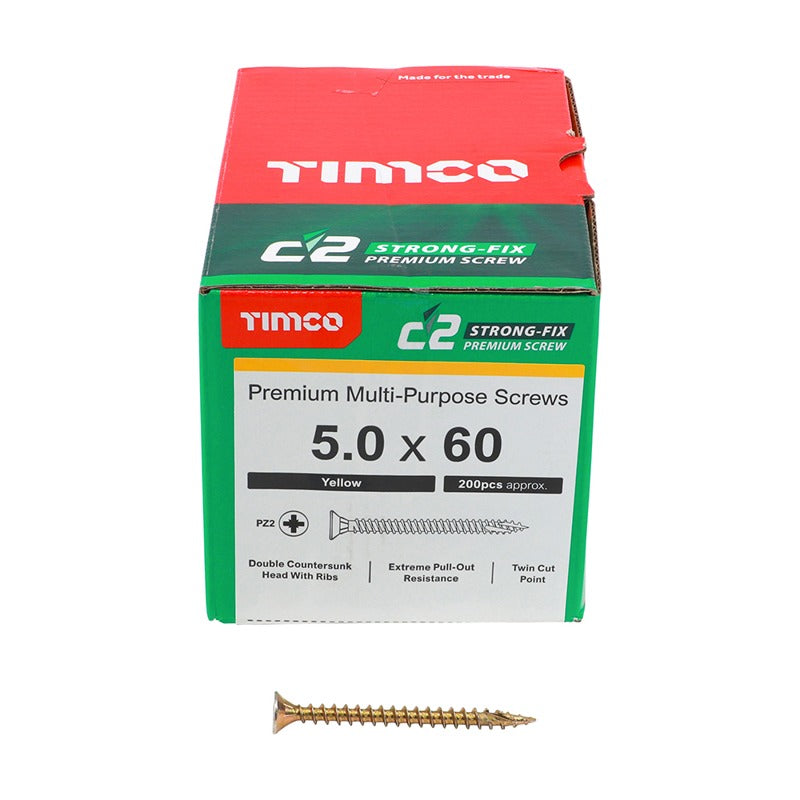 200 x TIMCO C2 Strong-Fix Multi-Purpose Premium Countersunk Gold Woodscrews - 5.0 x 60