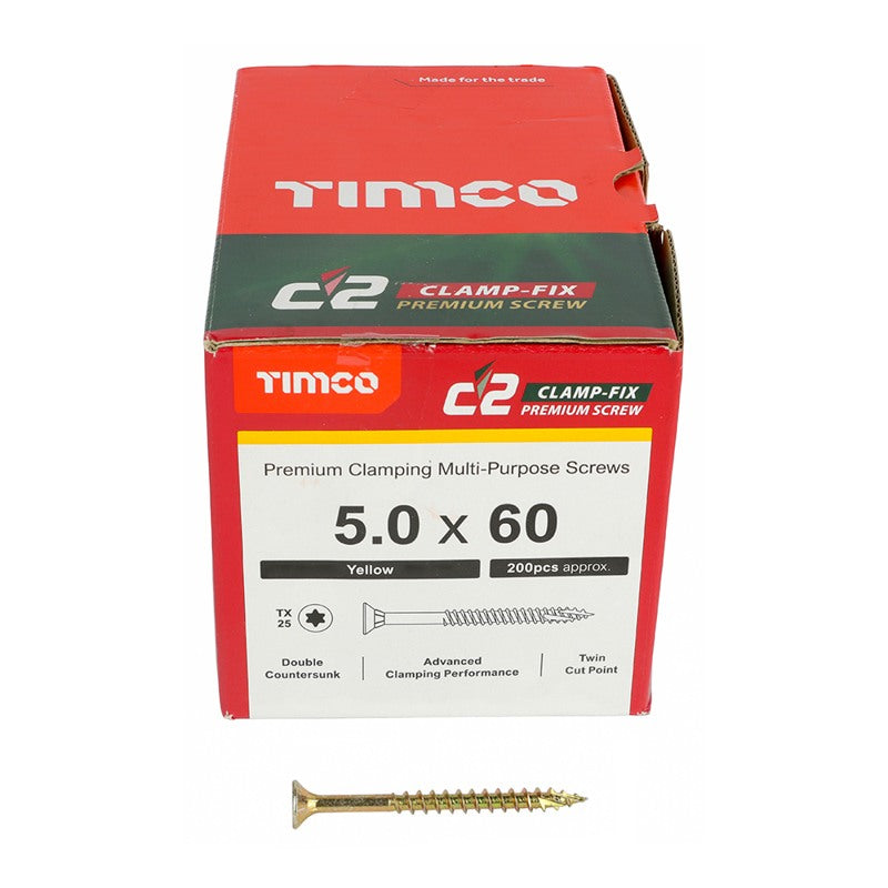 200 x TIMCO C2 Clamp-Fix Multi-Purpose Premium Countersunk Gold Woodscrews - 5.0 x 60