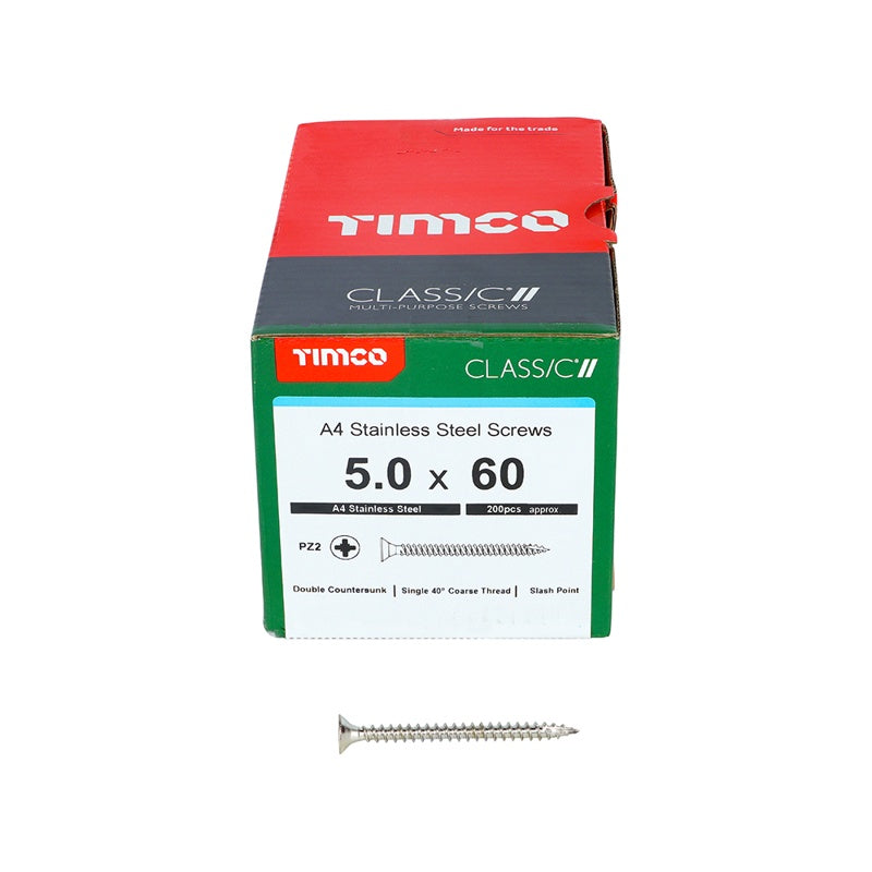 200 x TIMCO Classic Multi-Purpose Countersunk A4 Stainless Steel Woodcrews - 5.0 x 60