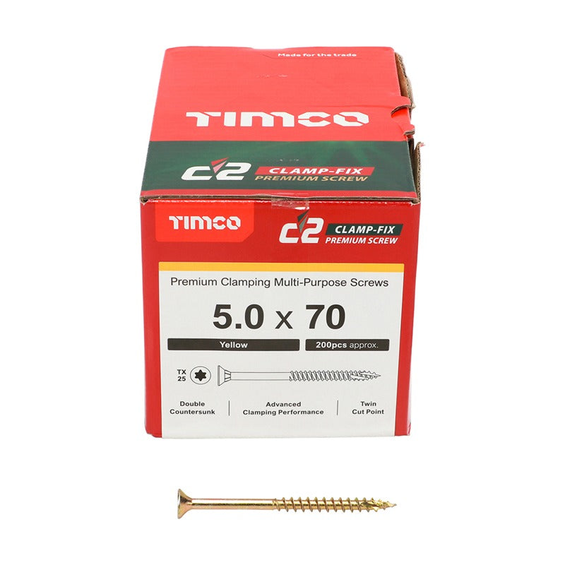 200 x TIMCO C2 Clamp-Fix Multi-Purpose Premium Countersunk Gold Woodscrews - 5.0 x 70