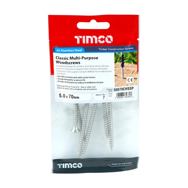 7 x TIMCO Classic Multi-Purpose Countersunk A2 Stainless Steel Woodcrews - 5.0 x 70