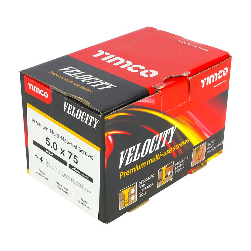 200 x TIMCO Velocity Premium Multi-Use Countersunk Gold Woodscrews - 5.0 x 75