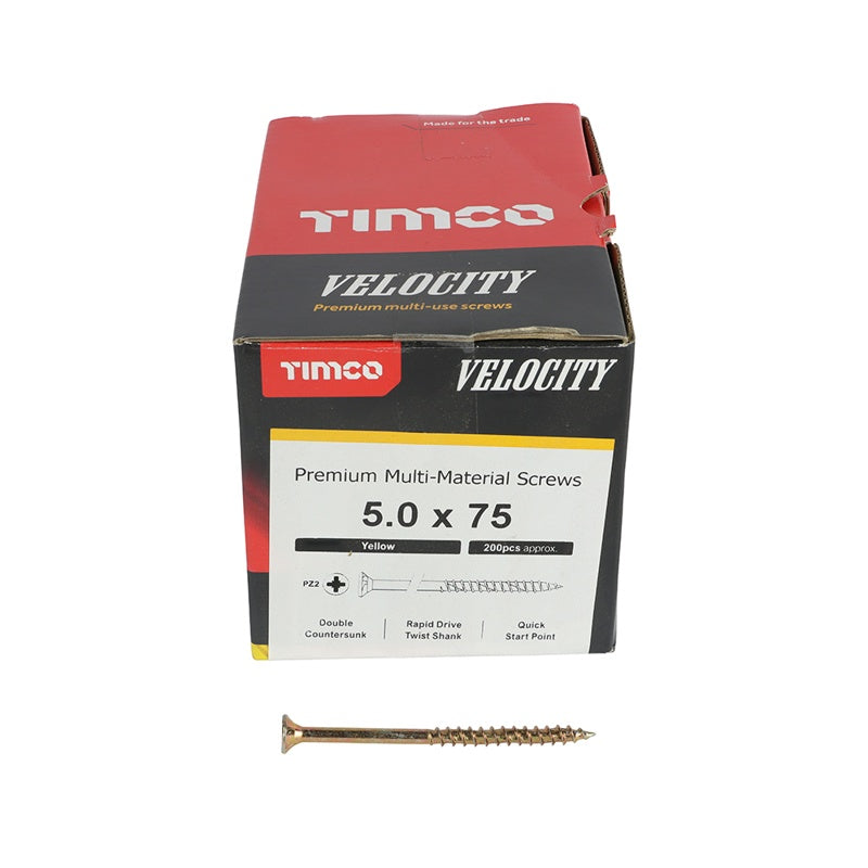 200 x TIMCO Velocity Premium Multi-Use Countersunk Gold Woodscrews - 5.0 x 75