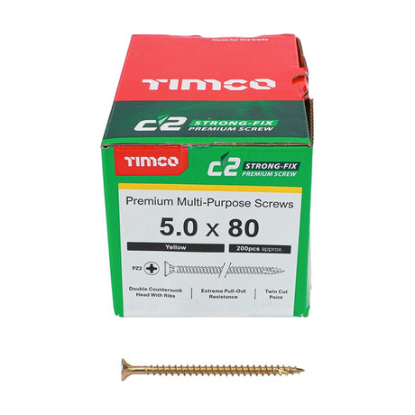 200 x TIMCO C2 Strong-Fix Multi-Purpose Premium Countersunk Gold Woodscrews - 5.0 x 80