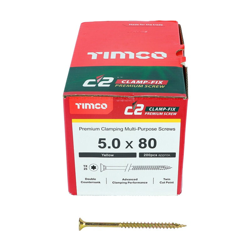 200 x TIMCO C2 Clamp-Fix Multi-Purpose Premium Countersunk Gold Woodscrews - 5.0 x 80