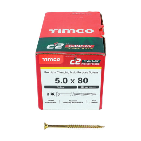 200 x TIMCO C2 Clamp-Fix Multi-Purpose Premium Countersunk Gold Woodscrews - 5.0 x 80