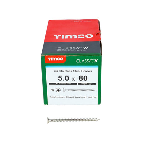 200 x TIMCO Classic Multi-Purpose Countersunk A4 Stainless Steel Woodcrews - 5.0 x 80