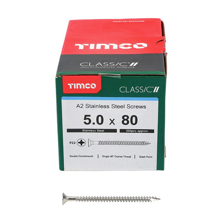 200 x TIMCO Classic Multi-Purpose Countersunk A2 Stainless Steel Woodcrews - 5.0 x 80