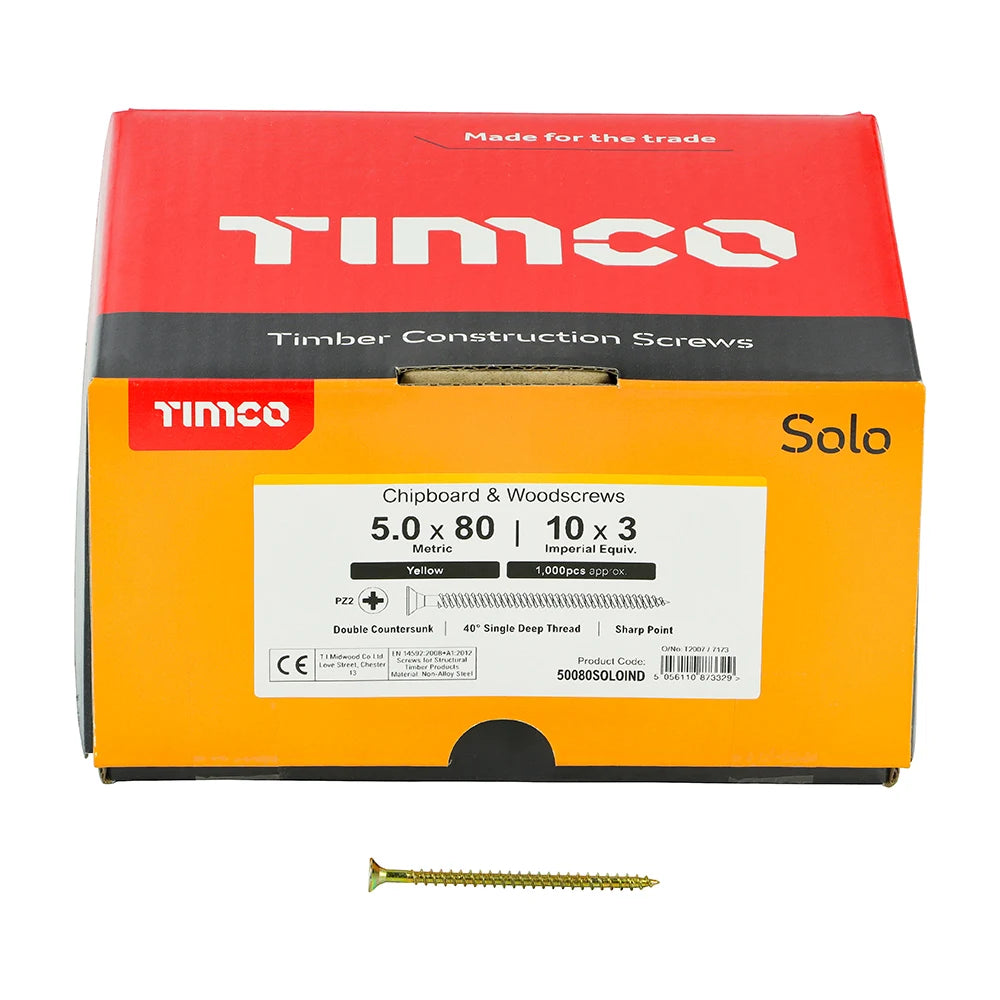 1000 x TIMCO Solo Countersunk Gold Woodscrews - 5.0 x 80