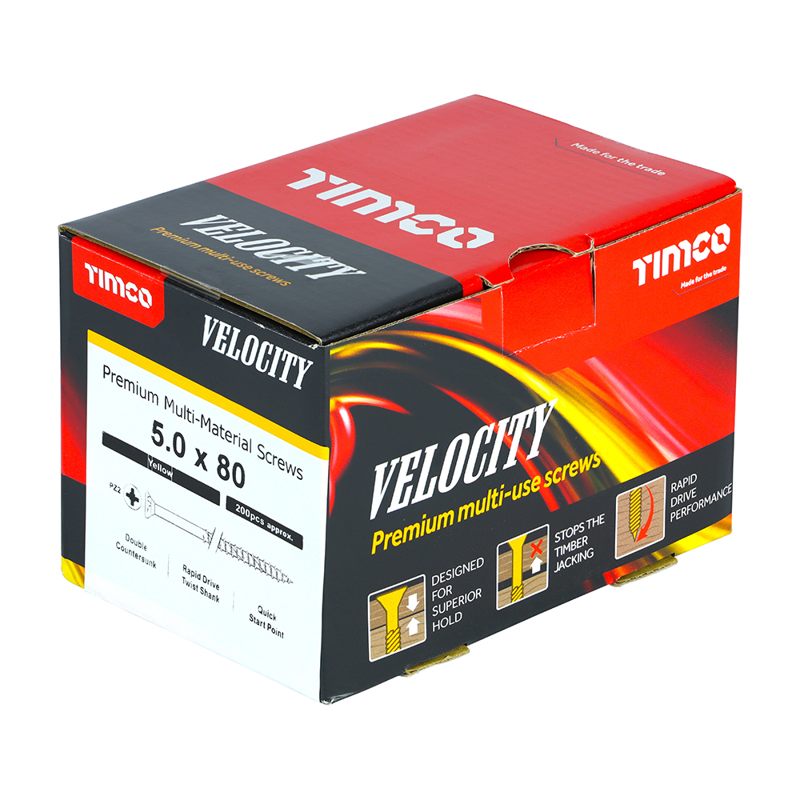 200 x TIMCO Velocity Premium Multi-Use Countersunk Gold Woodscrews - 5.0 x 80