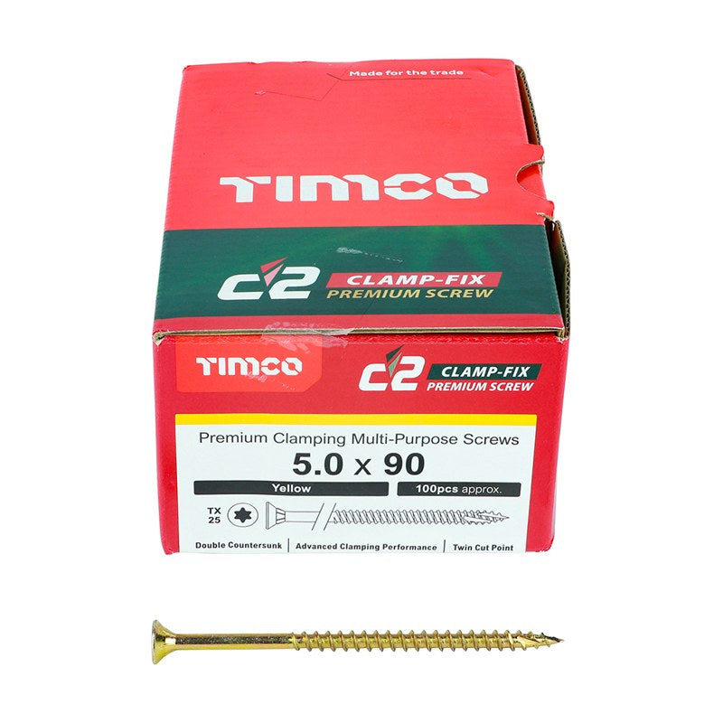 100 x TIMCO C2 Clamp-Fix Multi-Purpose Premium Countersunk Gold Woodscrews - 5.0 x 90