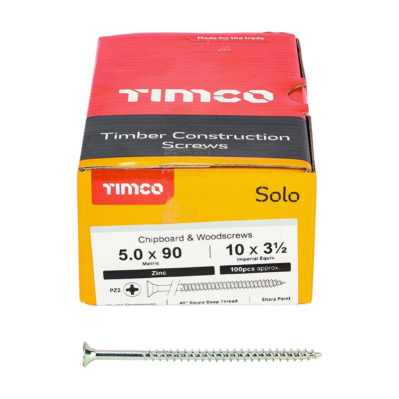 100 x TIMCO Solo Countersunk Silver Woodscrews - 5.0 x 90