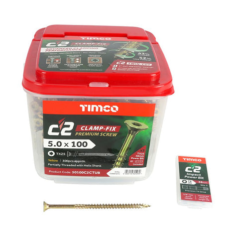 300 x TIMCO C2 Clamp-Fix Multi-Purpose Premium Countersunk Gold Woodscrews - 5.0 x 100