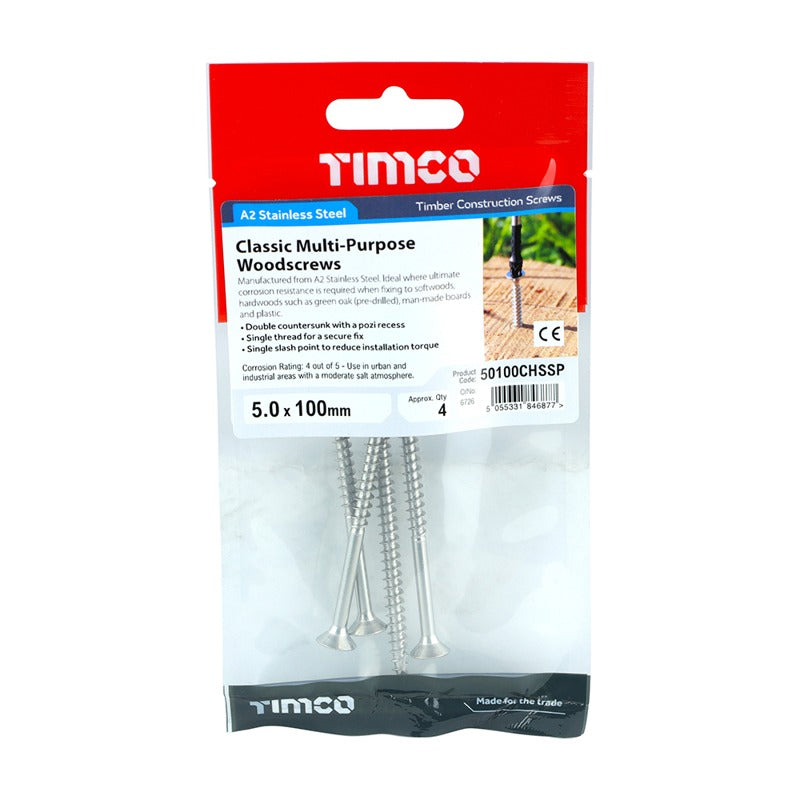 4 x TIMCO Classic Multi-Purpose Countersunk A2 Stainless Steel Woodcrews - 5.0 x 100