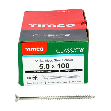 100 x TIMCO Classic Multi-Purpose Countersunk A4 Stainless Steel Woodcrews - 5.0 x 100