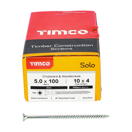 100 x TIMCO Solo Countersunk Silver Woodscrews - 5.0 x 100