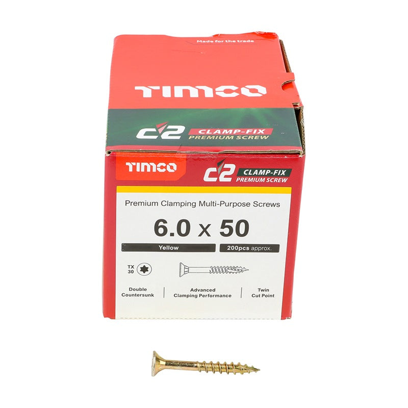 200 x TIMCO C2 Clamp-Fix Multi-Purpose Premium Countersunk Gold Woodscrews - 6.0 x 50