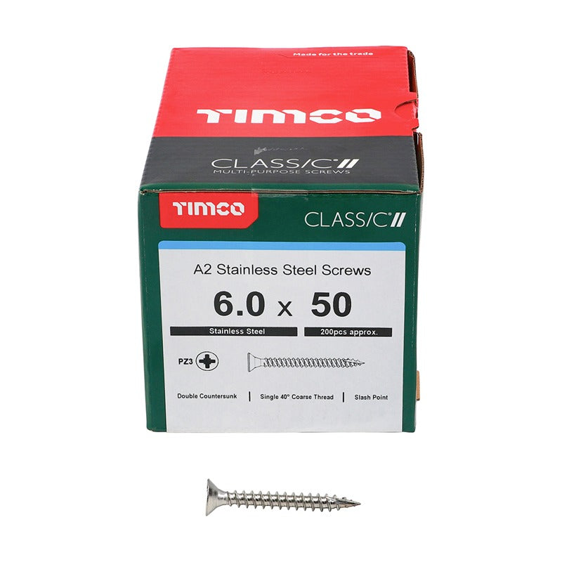 200 x TIMCO Classic Multi-Purpose Countersunk A2 Stainless Steel Woodcrews - 6.0 x 50