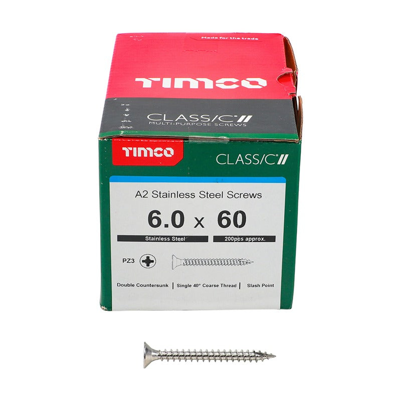 200 x TIMCO Classic Multi-Purpose Countersunk A2 Stainless Steel Woodcrews - 6.0 x 60