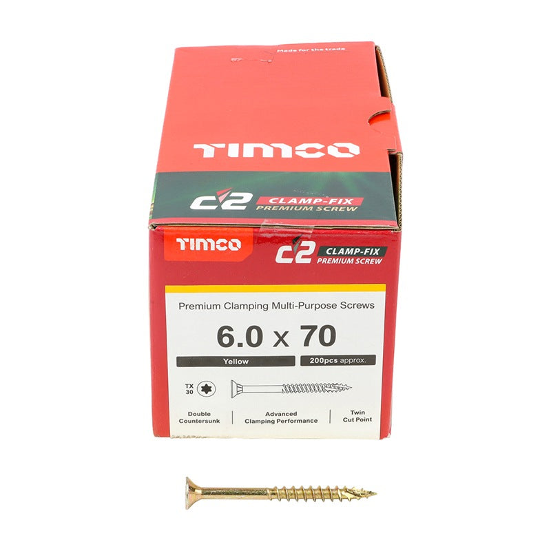 200 x TIMCO C2 Clamp-Fix Multi-Purpose Premium Countersunk Gold Woodscrews - 6.0 x 70