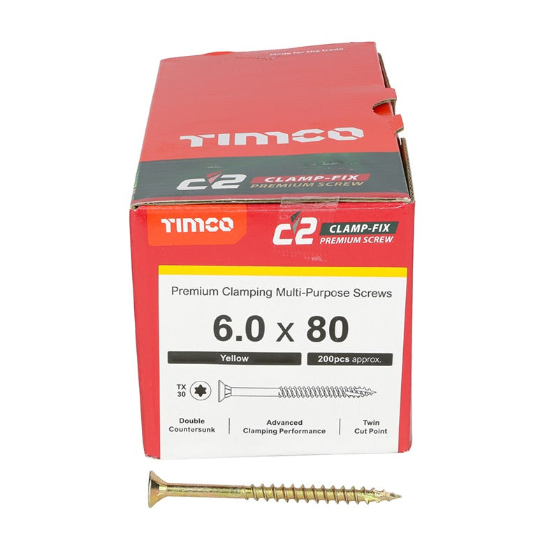 200 x TIMCO C2 Clamp-Fix Multi-Purpose Premium Countersunk Gold Woodscrews - 6.0 x 80