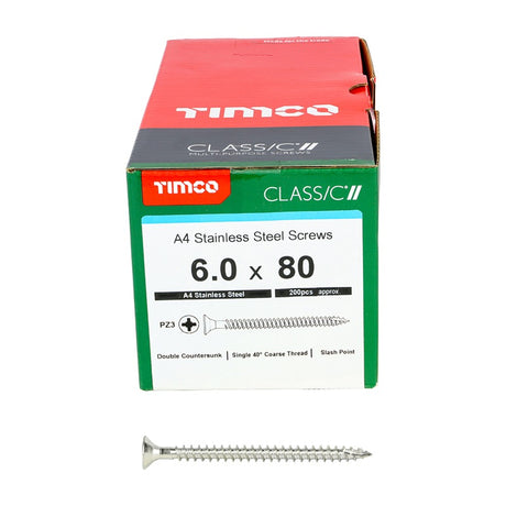 200 x TIMCO Classic Multi-Purpose Countersunk A4 Stainless Steel Woodcrews - 6.0 x 80