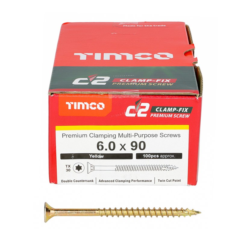 100 x TIMCO C2 Clamp-Fix Multi-Purpose Premium Countersunk Gold Woodscrews - 6.0 x 90