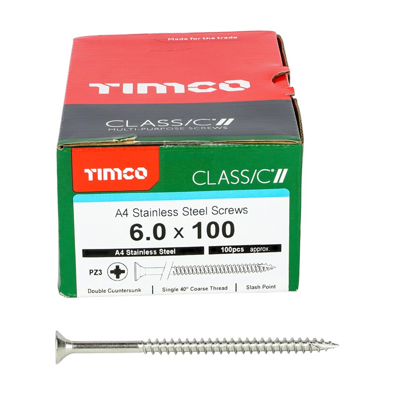 100 x TIMCO Classic Multi-Purpose Countersunk A4 Stainless Steel Woodcrews - 6.0 x 100