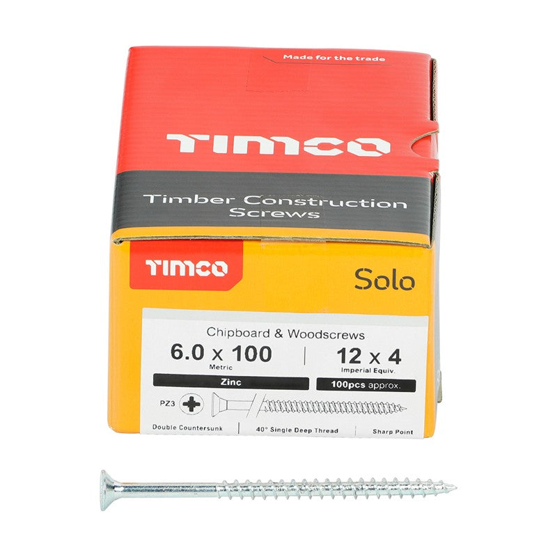 100 x TIMCO Solo Countersunk Silver Woodscrews - 6.0 x 100