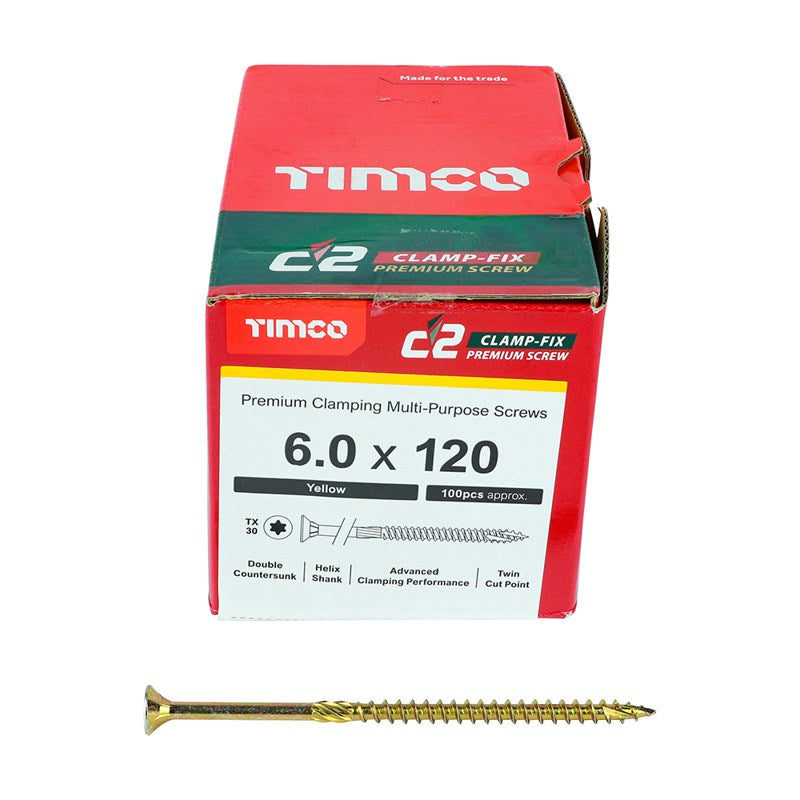 100 x TIMCO C2 Clamp-Fix Multi-Purpose Premium Countersunk Gold Woodscrews - 6.0 x 120