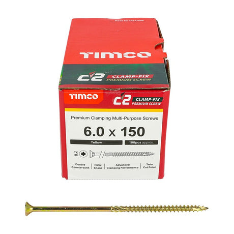 100 x TIMCO C2 Clamp-Fix Multi-Purpose Premium Countersunk Gold Woodscrews - 6.0 x 150