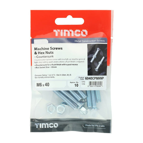 10 x TIMCO Machine Countersunk Screws & Hex Nut Silver - M6 x 40