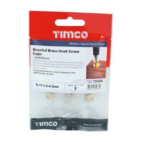 8 x TIMCO Knurled Brass Inset Screw Cup - To fit 4.0, 4.2, 4.5 Screw