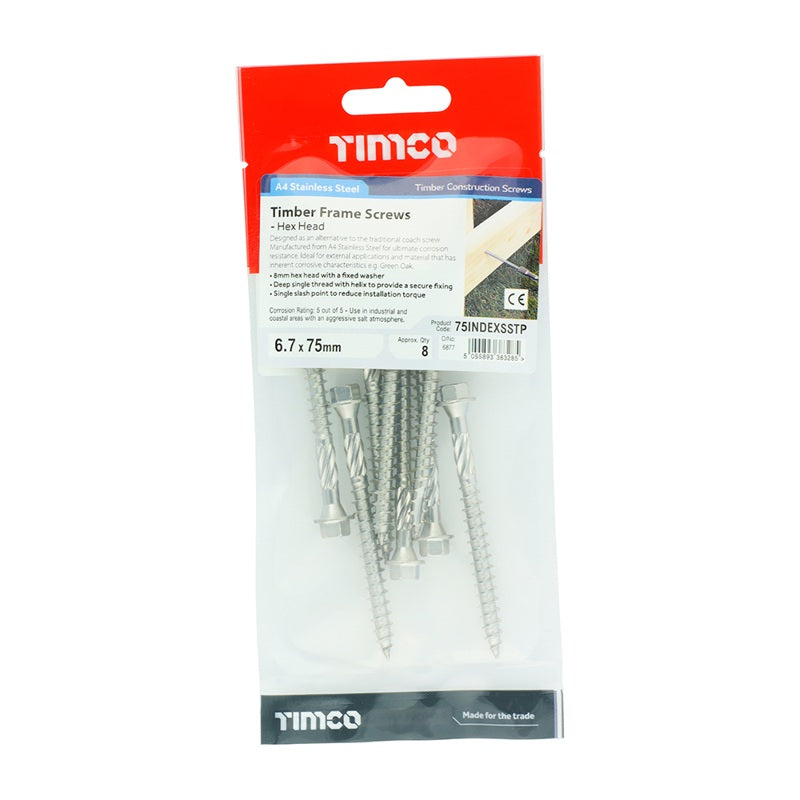 8 x TIMCO Timber Screws Hex Flange Head A4 Stainless Steel - 6.7 x 75