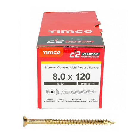 50 x TIMCO C2 Clamp-Fix Multi-Purpose Premium Countersunk Gold Woodscrews - 8.0 x 120