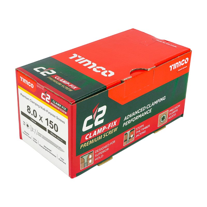 50 x TIMCO C2 Clamp-Fix Multi-Purpose Premium Countersunk Gold Woodscrews - 8.0 x 150