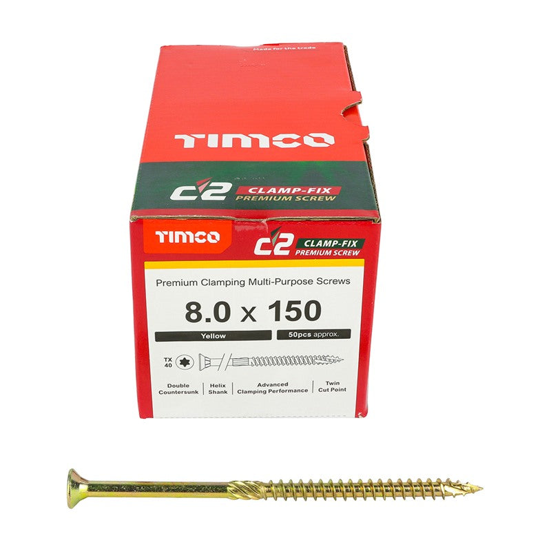 50 x TIMCO C2 Clamp-Fix Multi-Purpose Premium Countersunk Gold Woodscrews - 8.0 x 150