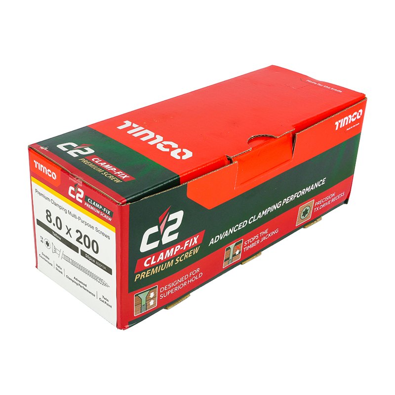 50 x TIMCO C2 Clamp-Fix Multi-Purpose Premium Countersunk Gold Woodscrews - 8.0 x 200