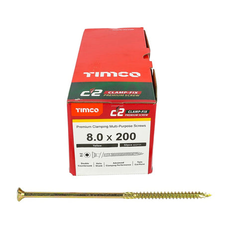 50 x TIMCO C2 Clamp-Fix Multi-Purpose Premium Countersunk Gold Woodscrews - 8.0 x 200