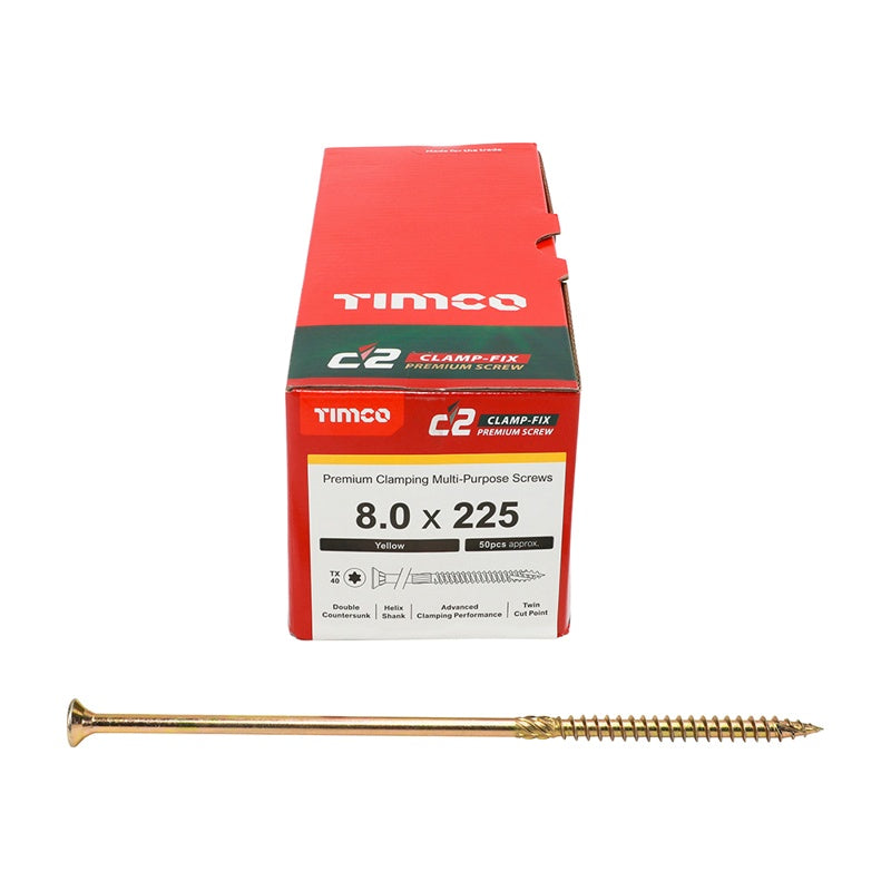 50 x TIMCO C2 Clamp-Fix Multi-Purpose Premium Countersunk Gold Woodscrews - 8.0 x 225