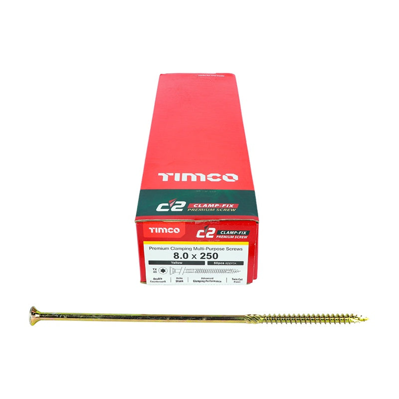 50 x TIMCO C2 Clamp-Fix Multi-Purpose Premium Countersunk Gold Woodscrews - 8.0 x 250