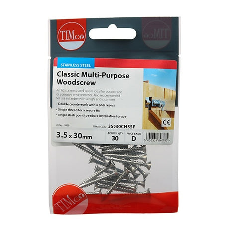 30 x TIMCO Classic Multi-Purpose Countersunk A2 Stainless Steel Woodcrews - 3.5 x 30