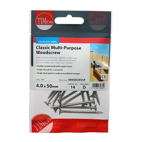 14 x TIMCO Classic Multi-Purpose Countersunk A2 Stainless Steel Woodcrews - 4.0 x 50