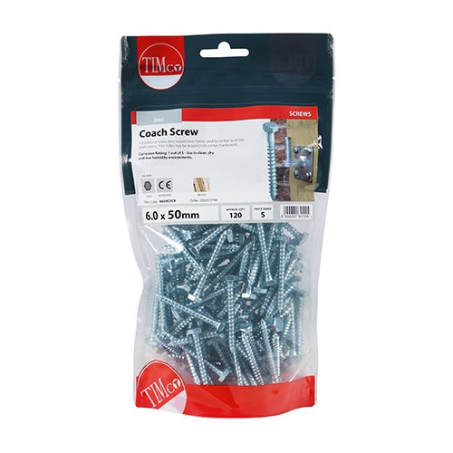 120 x TIMCO Coach Screws Hex Head Silver  - 6.0 x 50