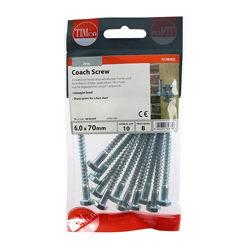 10 x TIMCO Coach Screws Hex Head Silver  - 6.0 x 70