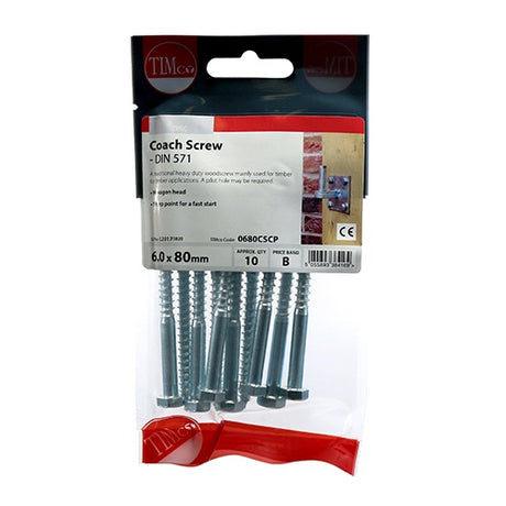 10 x TIMCO Coach Screws Hex Head Silver  - 6.0 x 80